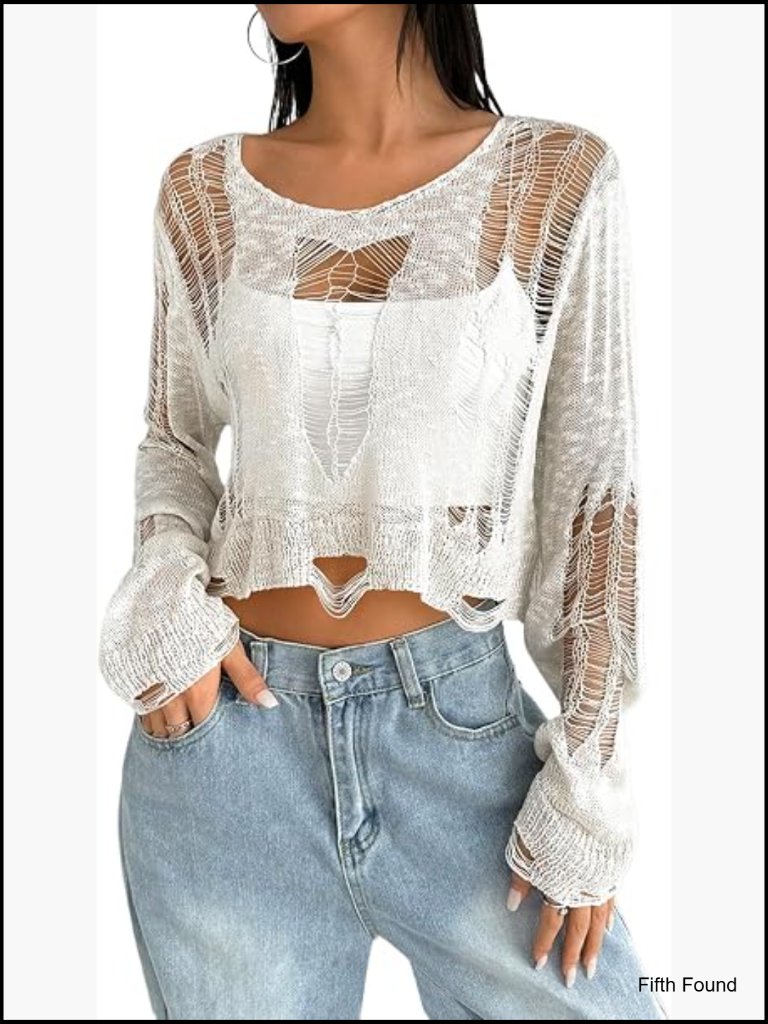 See Through Ripped Hollow Knit Crop Pullover Sweater